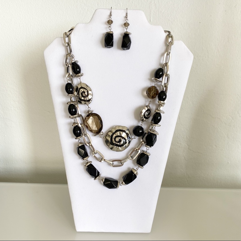 Triple-Strand Necklace & Earring Set Silver Black